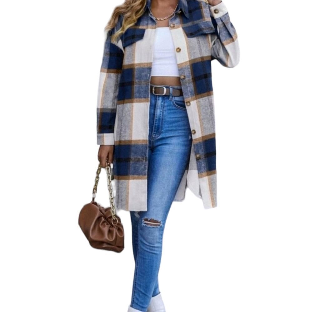 Blue Plaid Multi Colored Overcoat